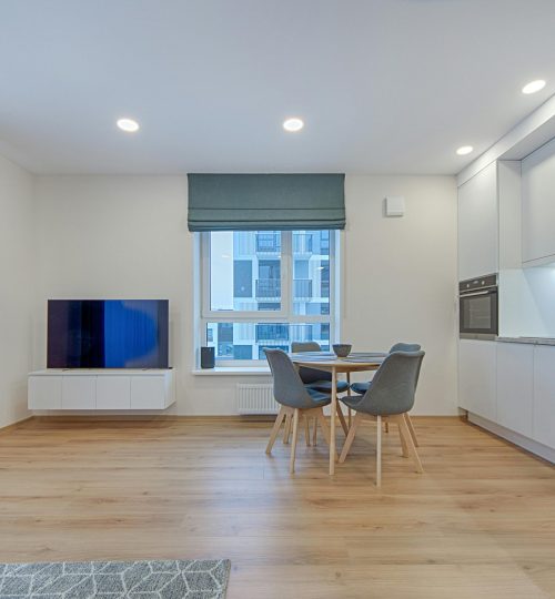 Spacious, modern kitchen and living area in a Lithuanian apartment with natural light.